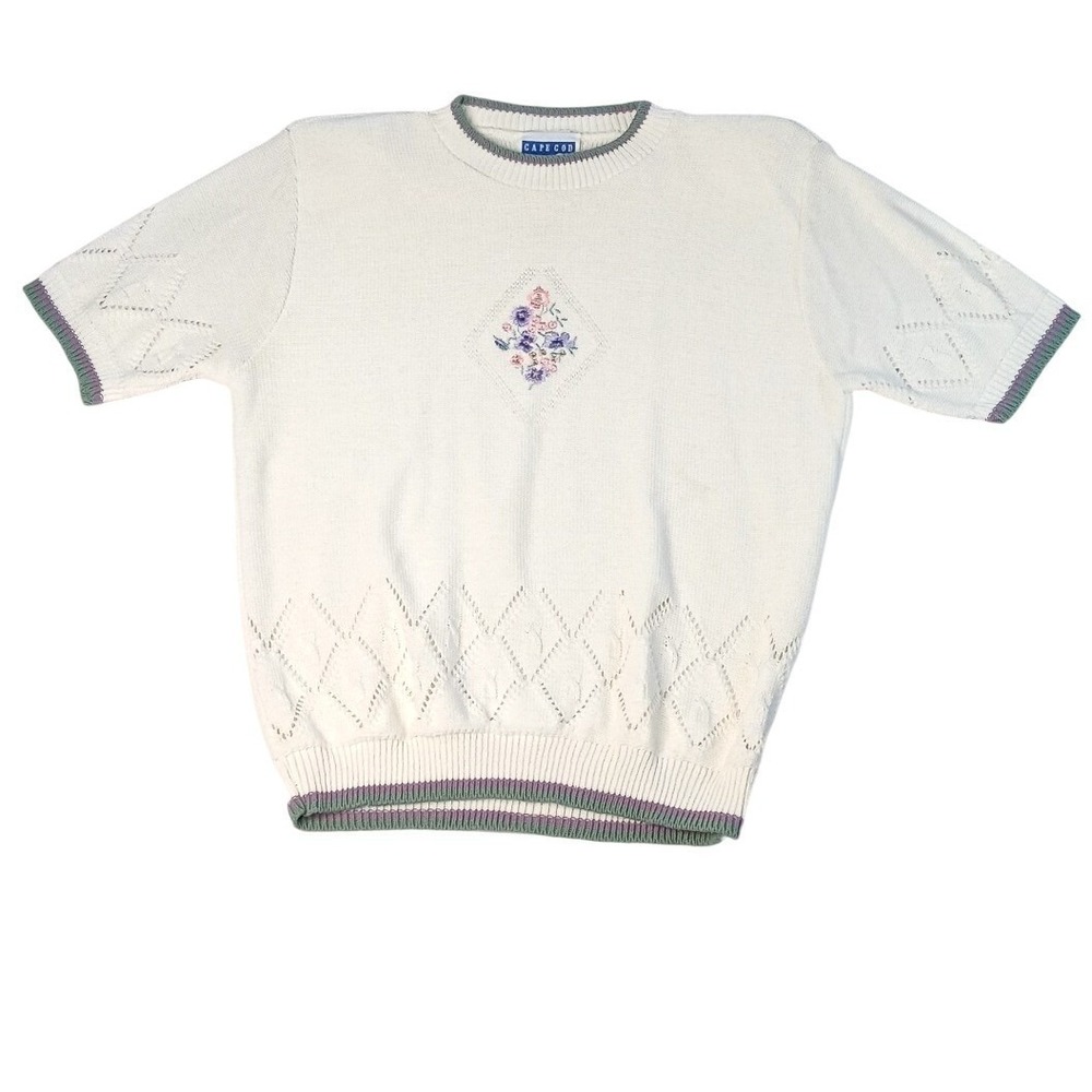 Cape Cod Sportswear Women's Cream Floral Embroidered Knit‎ Sweater Medium